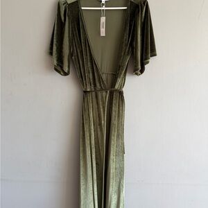 Baltic Born Olive Velvet Wrap Maxi Dress with Flutter Sleeves